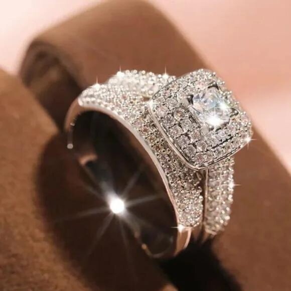 NEW 925 STERLING SILVER 2/SET DIAMOND RING, CUTE RING, SHINY RING. - Picture 2 of 7